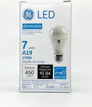 GE 11332 - LED A19, 7 watts, 450 lumens, 2700K warm white, Dimmable, LED7DA19/827 LED Light Bulb