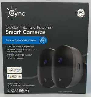 (2 cameras) GE Cync Outdoor Battery Powered Smart Wi-Fi Camera, 2K HD Resolution & Night Vision, Motion/person detection with mobile alerts, Wireless, works with Alexa and Hey Google