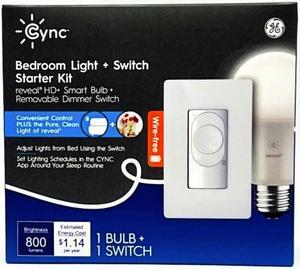 GE Cync Bedroom Light and Smart Switch Starter Kit, 1 Reveal HD Smart Bulb and one Removable Dimmer Switch (requires no wiring), wire-free smart bulb control, works with google and alexa