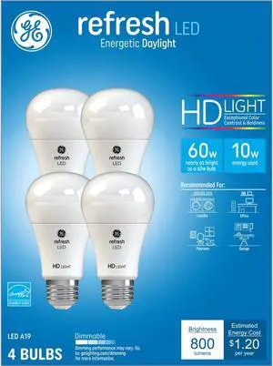 (4 bulbs) GE Refresh LED Light Bulbs, 60 Watt, Daylight, A19, 10 watt, 800 lumens, Dimmable, energetic daylight LED bulb