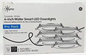 (case of 6) GE Lighting Cync Pro Pack 4 inch wafer Smart LED Downlights, Adjustable white tones 2000-7000K, 760 lumens, no hub or housing required, Dimmable with Cync App or Cync Smart Switch