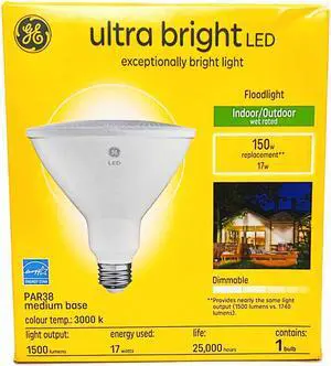 GE ultra bright LED PAR38 floodlight, warm white, 1500 lumens of brilliance, 17 watts, Indoor-Outdoor, wet rated, Dimmable, medium base LED flood light