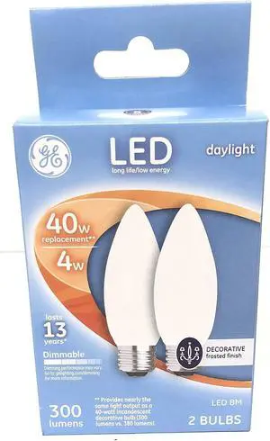 (2 bulbs) Ge 25963 Decorative LED Chandelier bulb, 4 watt, 300 lumen, Daylight, Dimmable, frosted finish, medium base