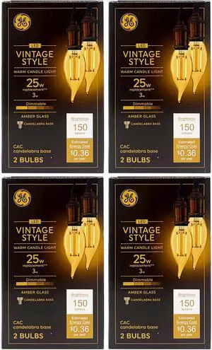 (8 bulbs) GE Lighting Vintage LED Chandelier Light, Cendlabra base, 3 watt, 150 lumen, Dimmable, warm candle light glow, amber glass