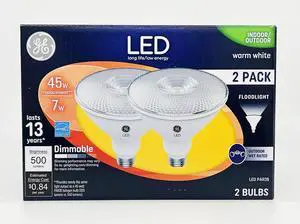 (2 bulbs) GE Lighting LED PAR38 Indoor/Outdoor FloodLight, 7 watt, 500 lumens, Dimmable, 3000K warm white, medium base
