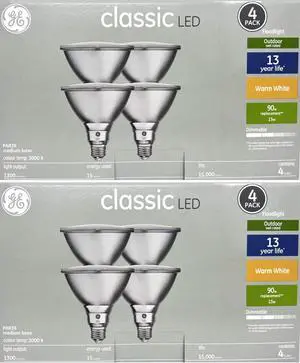 (8 bulbs) GE classic LED PAR38 Floodlight, 15 watt, 1300 lumen, 3000K warm white, outdoor wet rated, dimmable, medium base
