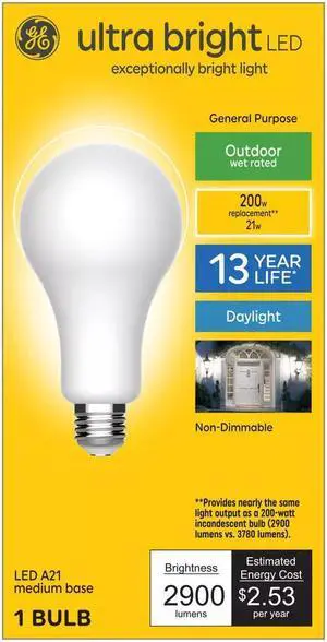 GE Ultra Bright LED A21, 200 Watt Replacement, 2900 lumens, 21 watts, Daylight 5000K, A21 General Purpose LED Light Bulb