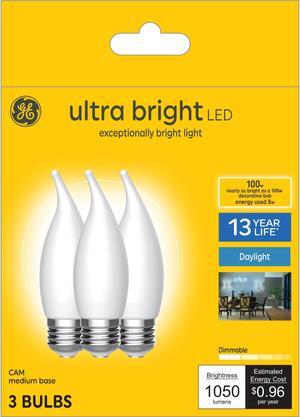 (3 Bulbs) GE Ultra Bright LED Light Bulbs, 100W, Daylight Candle Lights, Frosted Decorative CA12 Light Bulbs, Medium Base
