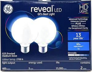 GE reveal LED HD+ Color-Enhancing G25 Globe, 5 watt, 400 lumen, Dimmable LED Decorative Globe Medium Base Frosted  G25 Bulb (2-Pack)