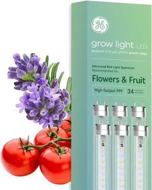GE Grow Lights for Indoor Plants, T8 LED Light Bulbs for Flowers and Fruit with Advanced Red Light Spectrum, 25,000 Hours Lifespan, 34 PPF, 48 Inches, 6 Pack (Packaging May Vary)