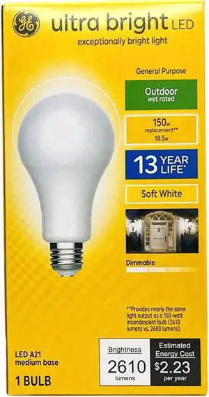 GE ultra bright LED A21, 18.5 Watts, 2610 lumens, Dimmable, Soft White 2700K, Outdoor Wet-rated LED UltraBright Light Bulb