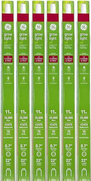 (case of 6) GE LED Grow Light for Indoor Plants, 22 inch T5, 11 watts, 800 lumens, Advanced red-light Spectrum for Flowers & Fruit, High Output 20 PPF, replaces F24T5, Mini Bi-Pin base