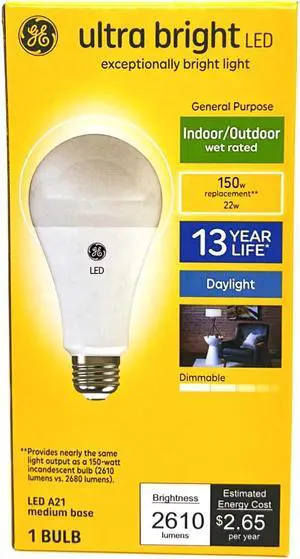 GE ultra bright LED A21 Light Bulb, 22 watts, 2610 lumens, Dimmable, Daylight 5000K, Indoor and Outdoor, medium base (150 watt equivalent) UltraBright LED Bulb