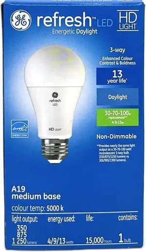 GE refresh LED 3-way Light Bulb, A19 shape, 4, 9, 13 watt emitting 350, 875 and 1250 lumens, Energetic Daylight 5000K, HD Light-- enhanced color contrast & boldness, 3 way LED Light Bulb