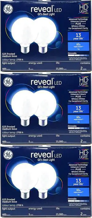 (6 bulbs) GE reveal LED HD+ Color-Enhancing G25 Globe, 5 watt, 400 lumen, Dimmable LED Decorative Globe Medium Base Frosted  G25 Bulb, 60 watt replacement