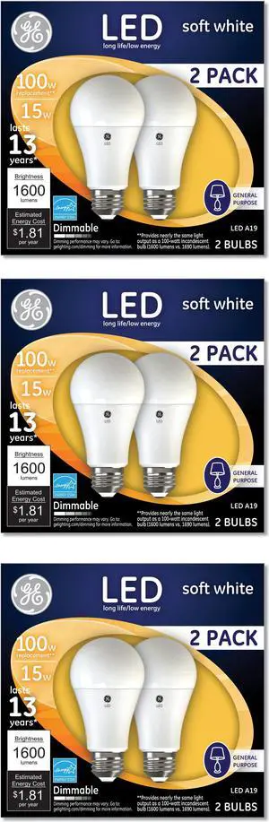 (6 bulbs) GE Lighting 15 Watt LED A19 Soft White, 1600 lumens, 100 watt replacement, Dimmable LED Light Bulb