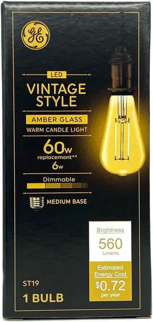 (1 bulb) GE Vintage LED ST19, Amber Glass, 6 watts, 560 lumens, Dimmable, Medium base, Vintage Style LED Light Bulb
