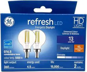 (2 bulbs) GE refresh LED G16.5, Candelabra Base, 4.5 watt, 360 lumen, Dimmable, Daylight, Clear, HD Light Enhanced Color, LED Light Bulb