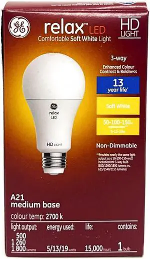 GE relax LED A21 3 way Light Bulb, 5, 13 or 19 watts, soft white HD Light, 500, 1260 and 1800 lumens, medium base, equivalent to 50-100-150w