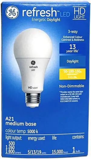 GE refresh LED 3 way A21, Energetic Daylight, 5,13,19 watt, 500,1260,1800 lumens, 3-way LED Light Bulb, Medium base, HD Light