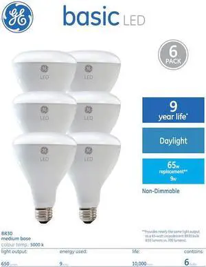 (6 bulbs) GE Basic LED BR30, Daylight 5000K, 650 lumens, 65 watt replacement using only 9 watts, LED light bulb (6 bulbs) GE Basic LED BR30, Daylight 5000K, 650 lumens, 65 watt replacement using only 9 watts, LED light bulb