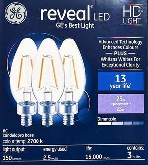 (3 bulbs) GE reveal LED Decorative Chandelier Bulb, 2.5 watt, 150 lumen, candelabra base, Dimmable, soft white 2700K, HD Light for exceptional clarity