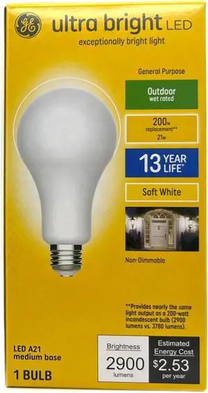 GE ultra bright LED A21, 21 watt, 2900 lumens, Soft White, Outdoor, Non-Dimmable LED ultrabright Light bulb