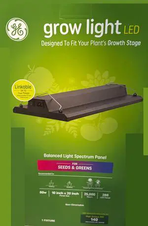 GE grow light LED for Seeds and Greens, balanced light spectrum, 10 inch x 20 inch LED panel, 80 watt, High Output 140 PPF (includes linking cord)