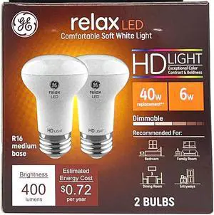 (2 bulbs) GE relax LED R16 Light Bulb, 6 watt, 400 lumens, Dimmable, HD Light, exceptional color contrast and brightness, comfortable soft white light, 2700K