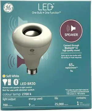 GE Lighting LED+ Speaker Indoor Floodlight Bulb, Soft White, Bluetooth Speaker, No App or Wi-Fi Required, Remote Included, BR30 Indoor Floodlight Bulb (1 Pack)