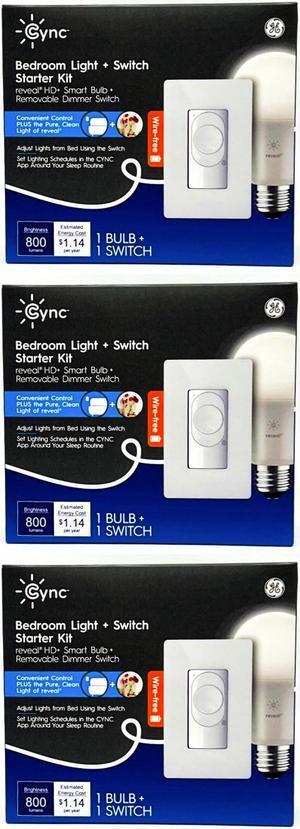(case of 3 kits) GE Cync Bedroom Light and Smart Switch Kit, 1 Reveal HD Smart Bulb and one Removable Dimmer Switch (requires no wiring) per kit, wire-free smart bulb control, for google & alexa