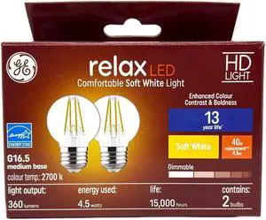 (2 bulbs) GE relax LED G16.5 Light Bulb, 4.5 watts, 360 lumens, Dimmable, Soft White 2700K, Medium Base, 40 watt equivalent, LED Globe G16.5