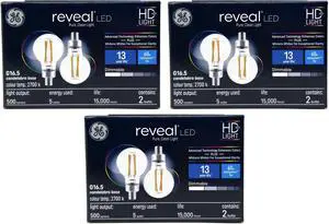 (6 bulbs) GE reveal LED G16.5, candelabra base, 5 watt, 500 lumen, 60 watt equivalent, Dimmable, HD Light pure clean light, LED reveal Light Bulb
