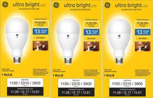 (case of 3 bulbs) Plump GE ultra bright LED 3-way light bulb, 75/150/250 watt replacement, Soft White, 1100/2310/3900 lumens, exceptionally bright LED A23, frost finish, irregular size