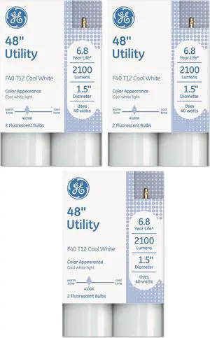 (6 tubes) GE F40T12 Fluorescent Bulbs, 48 inch Linear Fluorescent T12, 40 watts, 2100 lumens, 4100K Cool White, great for Utility and WorkSpaces, refreshing light