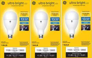 (case of 3) Plump GE ultra bright LED 3-way light bulb, 75/150/250 watt equivalent, Daylight, 1100/2310/3900 lumens, exceptionally bright LED, frost finish.  Note- Bulb is large, portly A23
