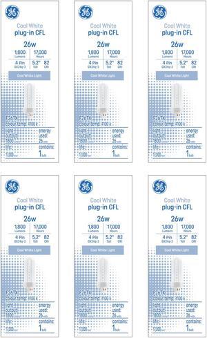 (6 bulbs) GE Cool White 26 watt Plug-in CFL GX24q-3 Base, 5.2 inch F26TX, 4100K Cool White, 1800 lumen, Compact Fluorescent Light Bulb