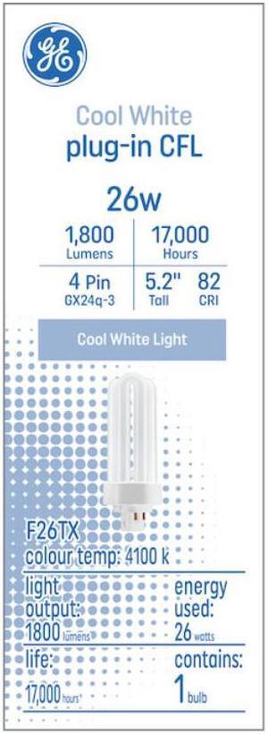 GE Cool White 26 watt Plug-in CFL GX24q-3 Base, 5.2 inch F26TX, 4100K Cool White, 1800 lumen, Compact Fluorescent Light Bulb