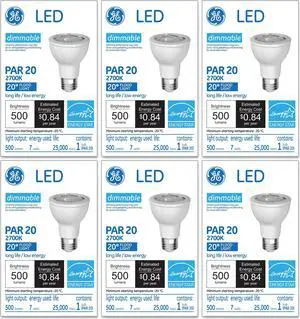 (case of 6) GE Lighting LED Lamp, 7 watt, 120 volt, PAR20, Medium Base, 500 lumens, Dimmable, 80 CRI, 2700 K