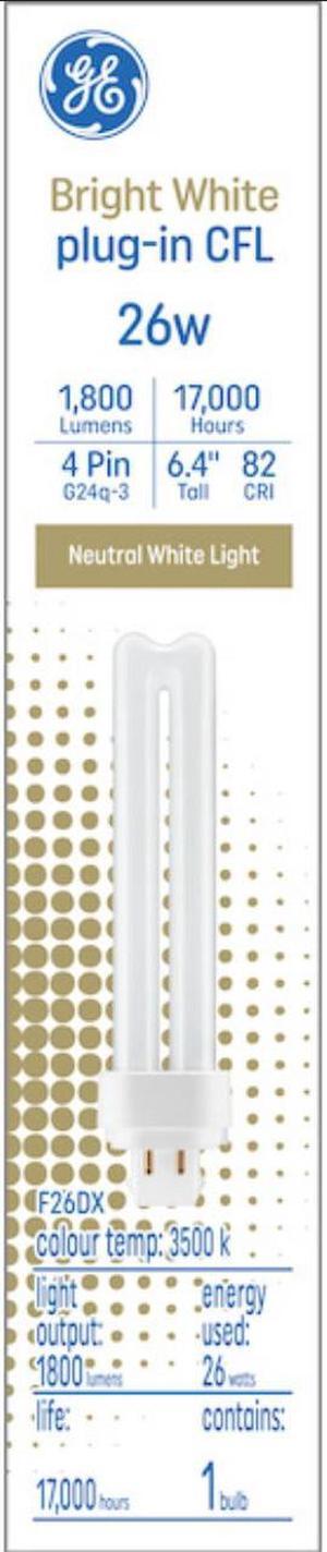 GE Bright White 26 watt Plug-in CFL, G24q-3 base, 6.4 inch, F26DX 3500K, 1800 lumen, compact fluorescent light bulb