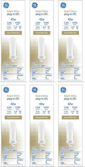 (case of 6) GE Bright White 42 Watt Plug-in CFL GX24q-4 Base,  3500K Neutral Bright White, 6.4-inch F42TBX Light Bulb, 4 pin Plug-in