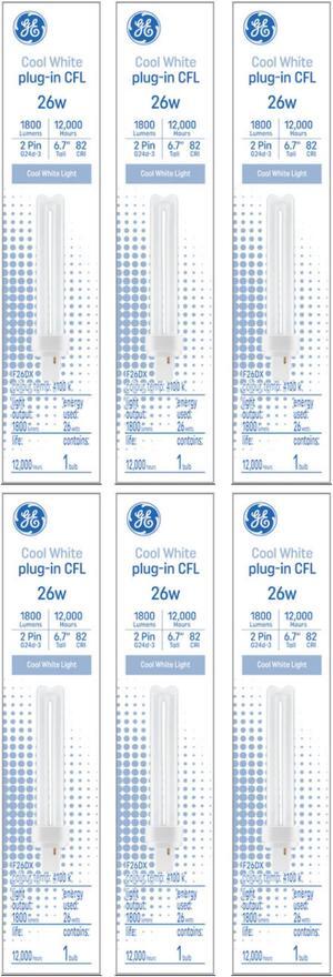(6 bulbs) GE Bright Cool White 26 watt Plug-in CFL G24d-3 base, 6.7 inch, F26DX, 4100K Cool White Compact Fluorescent CFL Light Bulb