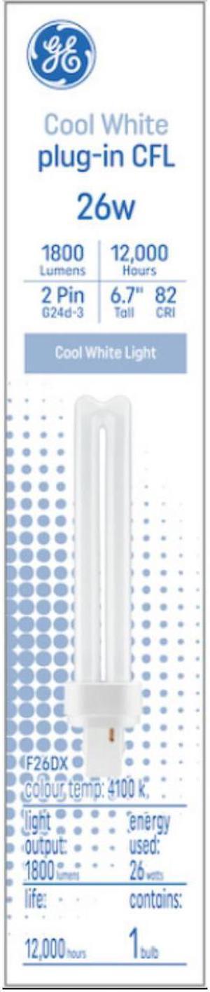 GE Bright Cool White 26 watt Plug-in CFL G24d-3 base, 6.7 inch, F26DX, 4100K Cool White Compact Fluorescent CFL Light Bulb