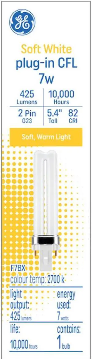 GE Soft White 7 watt Plug-in CFL G23 Base, 5.4-inch F7BX Light Bulb, 2700K Soft warm white, 425 lumen, plug-in biax compact fluorescent GE Soft White 7 watt Plug-in CFL G23 Base, 5.4-inch F7BX Light Bulb, 2700K Soft warm white, 425 lumen, plug-in biax compact fluorescent