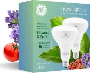 (2 bulbs) GE Grow Lights for Indoor Plants, BR30 Indoor Floodlight, LED Light Bulbs for Flowers and Fruit, Advanced Red Light Spectrum, 25,000 Hours Lifespan, 15 PPF, (Packaging May Vary)