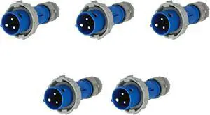 (case of 5) EATON Arrow Hart AH320P6W Pin and Sleeve Plug, 20A 250V, Extra Heavy-Duty, #12, #10 AWG, back wire, blue, nickely plated brass, grounding, 3 wire, two pole, male