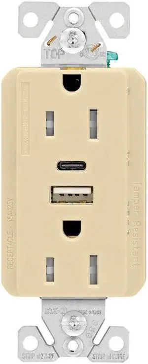 Eaton Receptacle Plug with 5 amp USB Charging, USB Type A and Type C, without adapters, 15A, 125V 5-15R Receptacle, Ivory, TRUSBAC15V