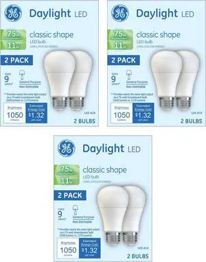 (6 bulbs) GE Lighting 21173 General Purpose Classic Shape A19 LED 11watt light bulb (75-Watt Replacement), 1050-Lumen, Medium Base, Frosted Daylight