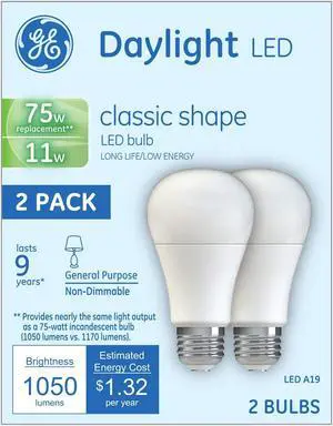 (2 bulbs) GE Lighting 21173 General Purpose Classic Shape A19 LED 11watt light bulb (75-Watt Replacement), 1050-Lumen Medium Base, 2-Pack, Frosted Daylight