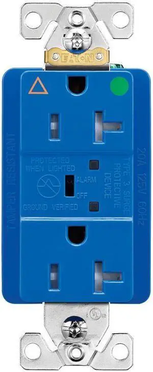Eaton Wiring 20 Amp TVSS Surge Protection Receptacle w/Alarm & LED Indicators, Hospital Grade, Blue